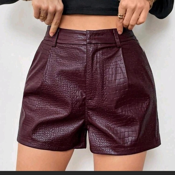 Pants - Women's Burgundy Croc-Embossed Shorts